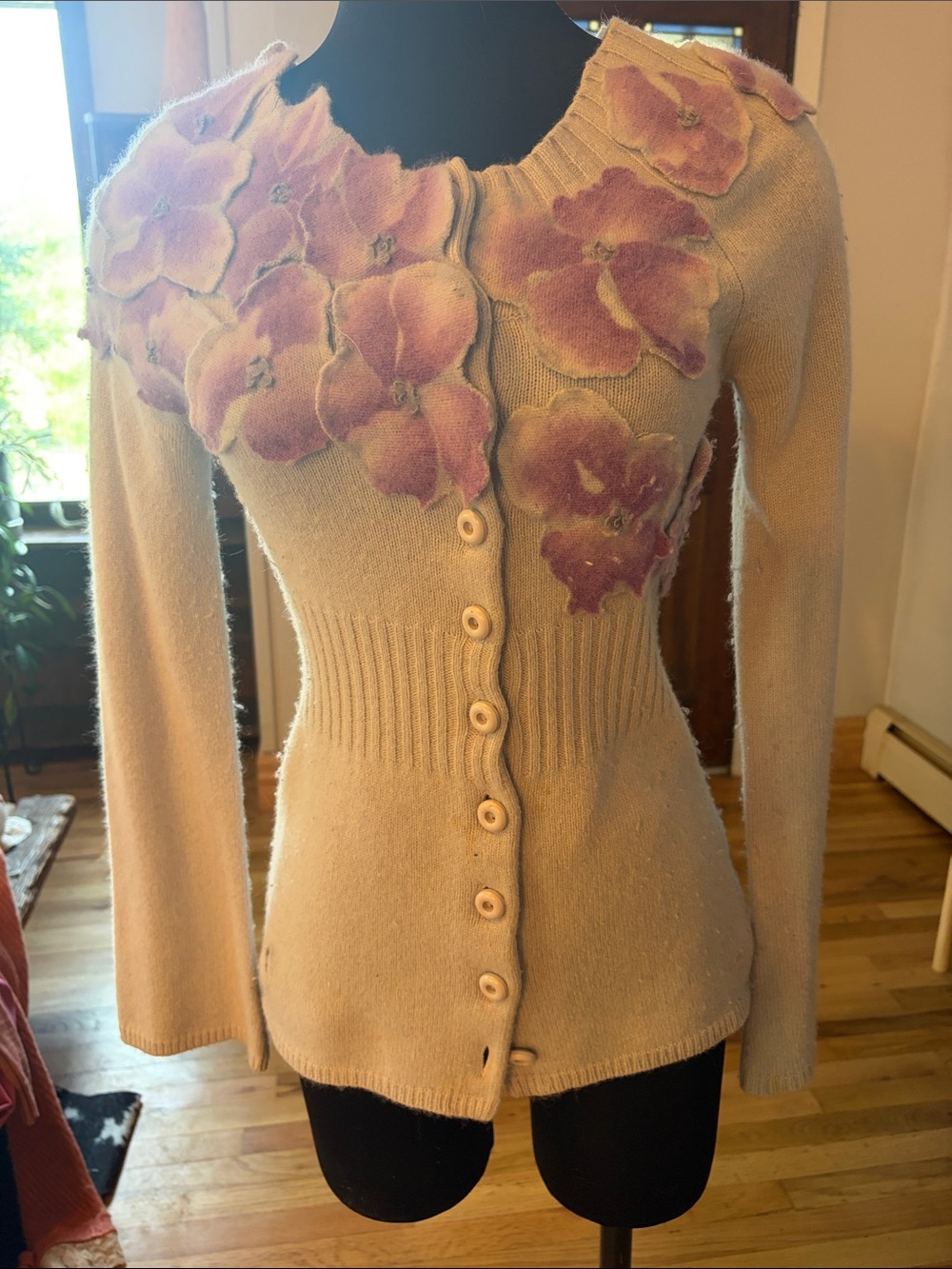 Anthropologie Cream Cardigan with Pink Floral Appliqué